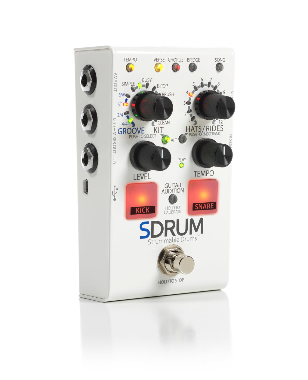 DigiTech SDrum drum machine pedal — white enclosure left angle