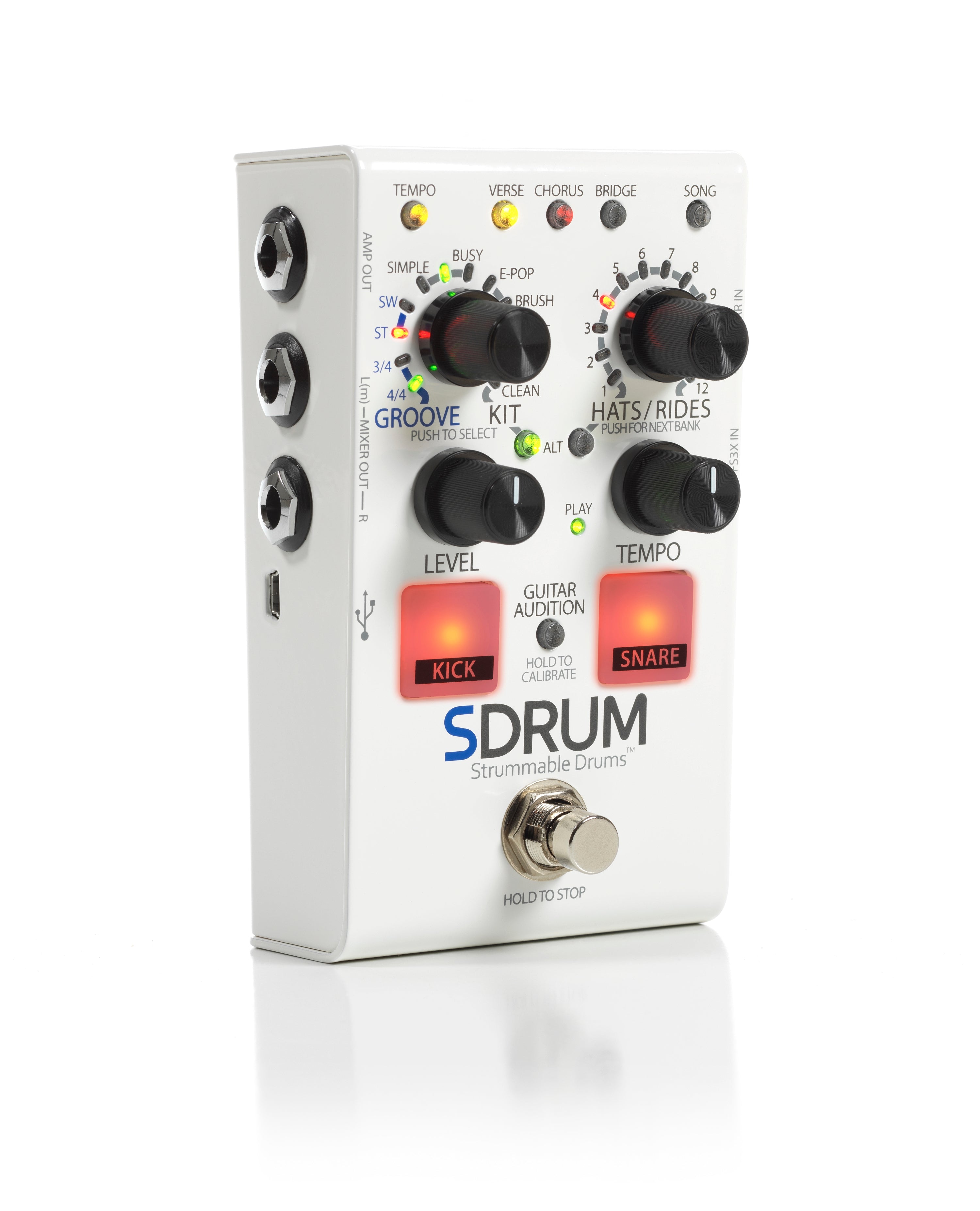 DigiTech SDrum drum machine pedal — white enclosure left angle