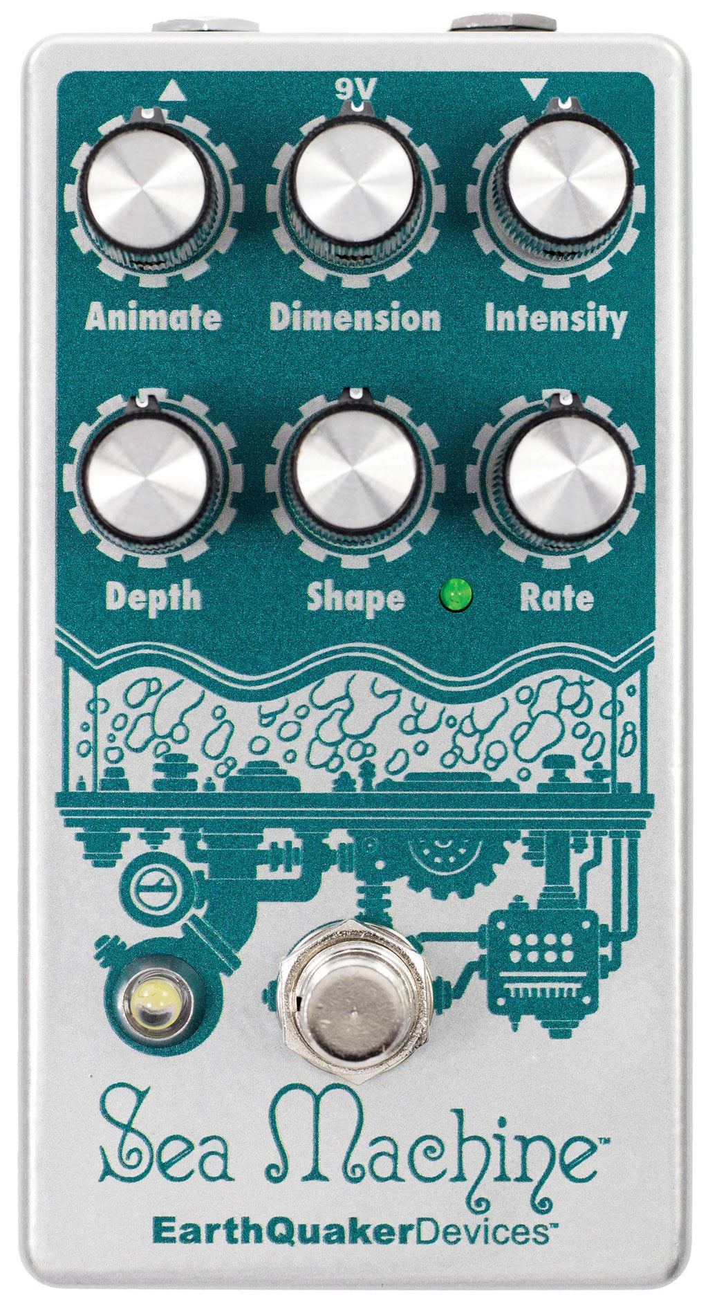 EarthQuaker Devices Sea Machine V3 chorus pedal — top view of silver and teal enclosure