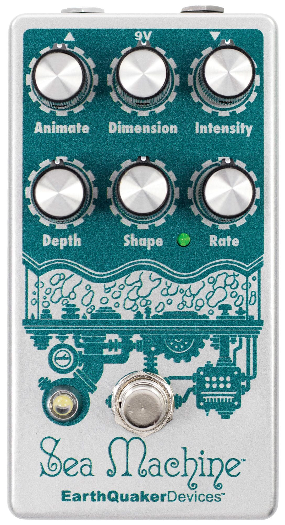 EarthQuaker Devices Sea Machine V3 chorus pedal — top view of silver and teal enclosure