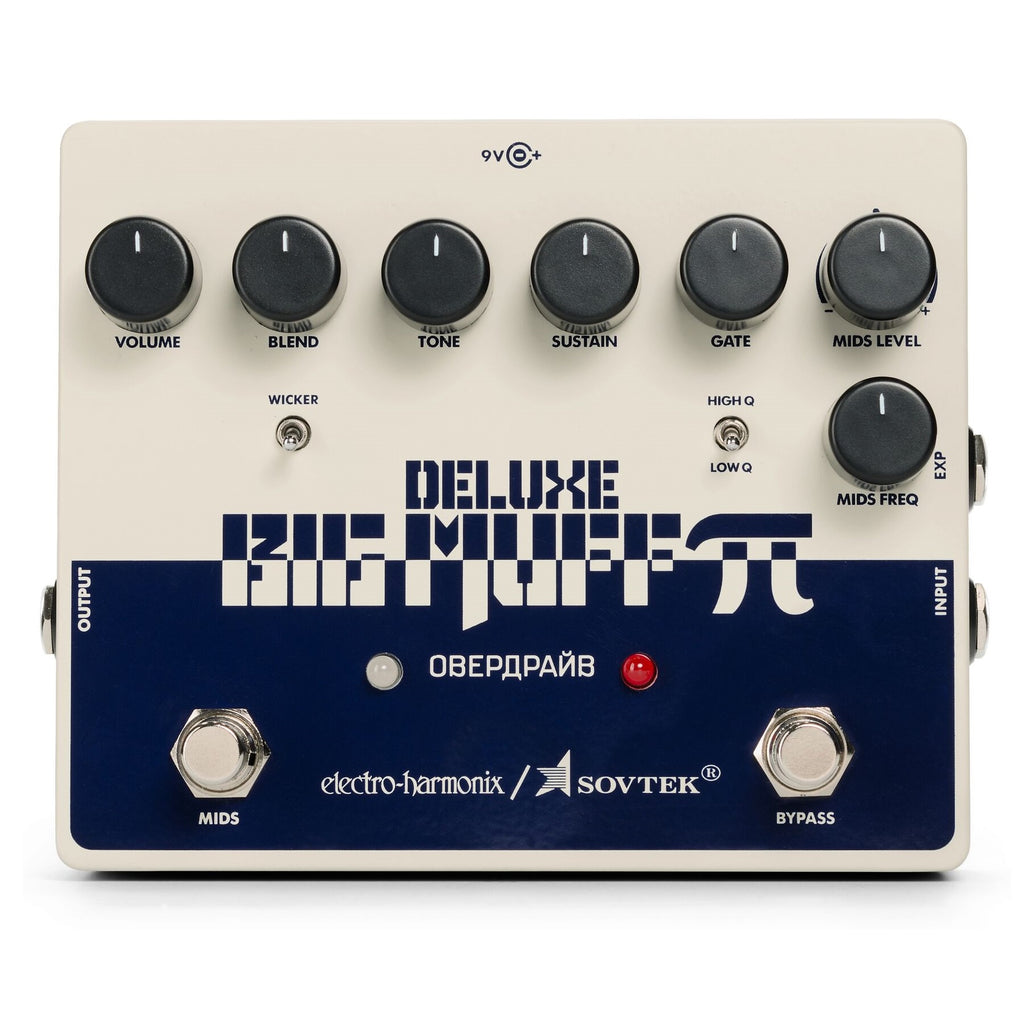 Electro-Harmonix Sovtek Deluxe Big Muff Pi fuzz pedal — top view, cream and blue