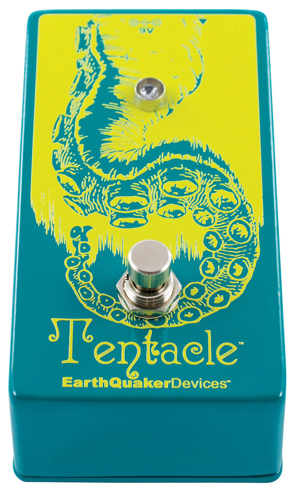 EarthQuaker Devices Tentacle V2 octave up pedal — teal and yellow enclosure, detail view