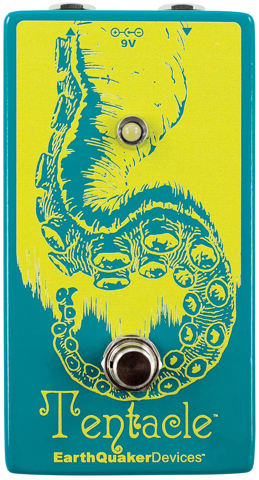 EarthQuaker Devices Tentacle V2 octave up pedal — teal and yellow tentacle graphic, front view