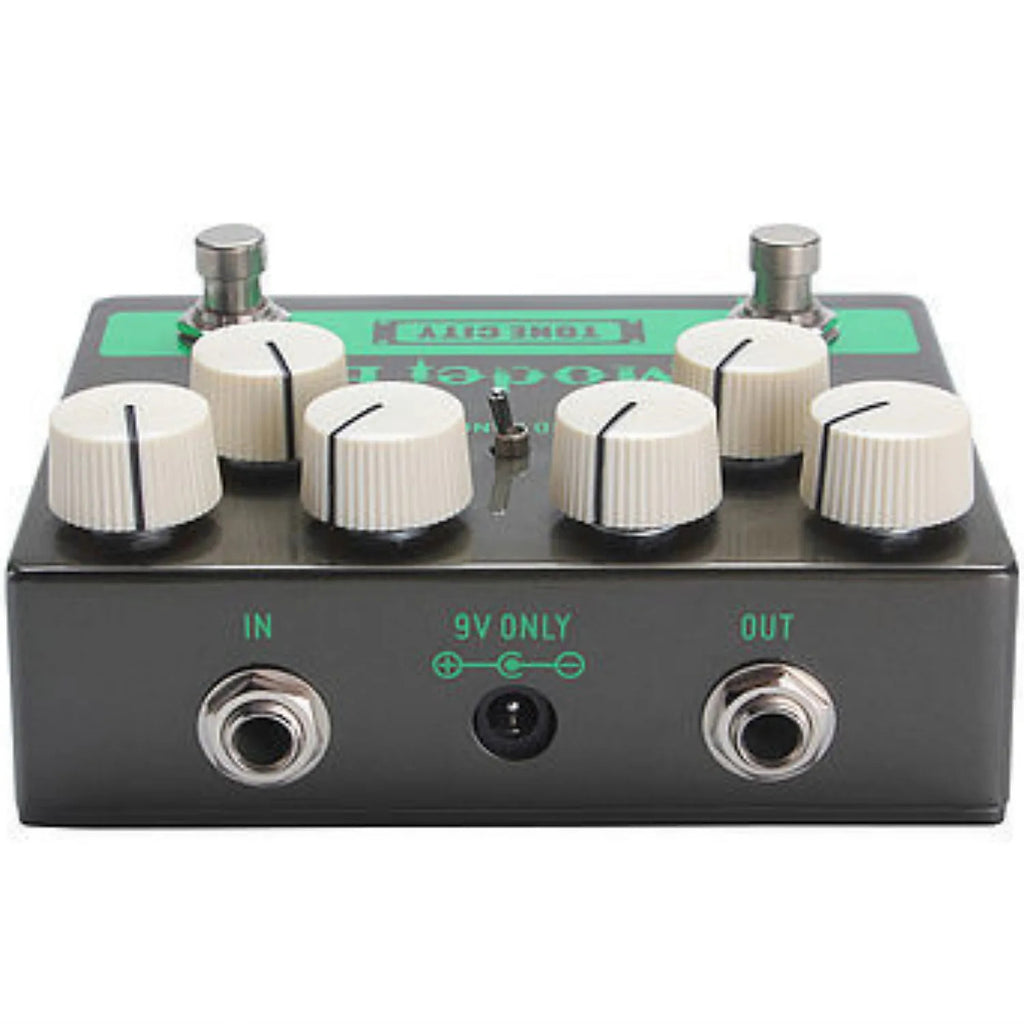 Tone City T35 Model E distortion pedal — angled view showing boost and start footswitches
