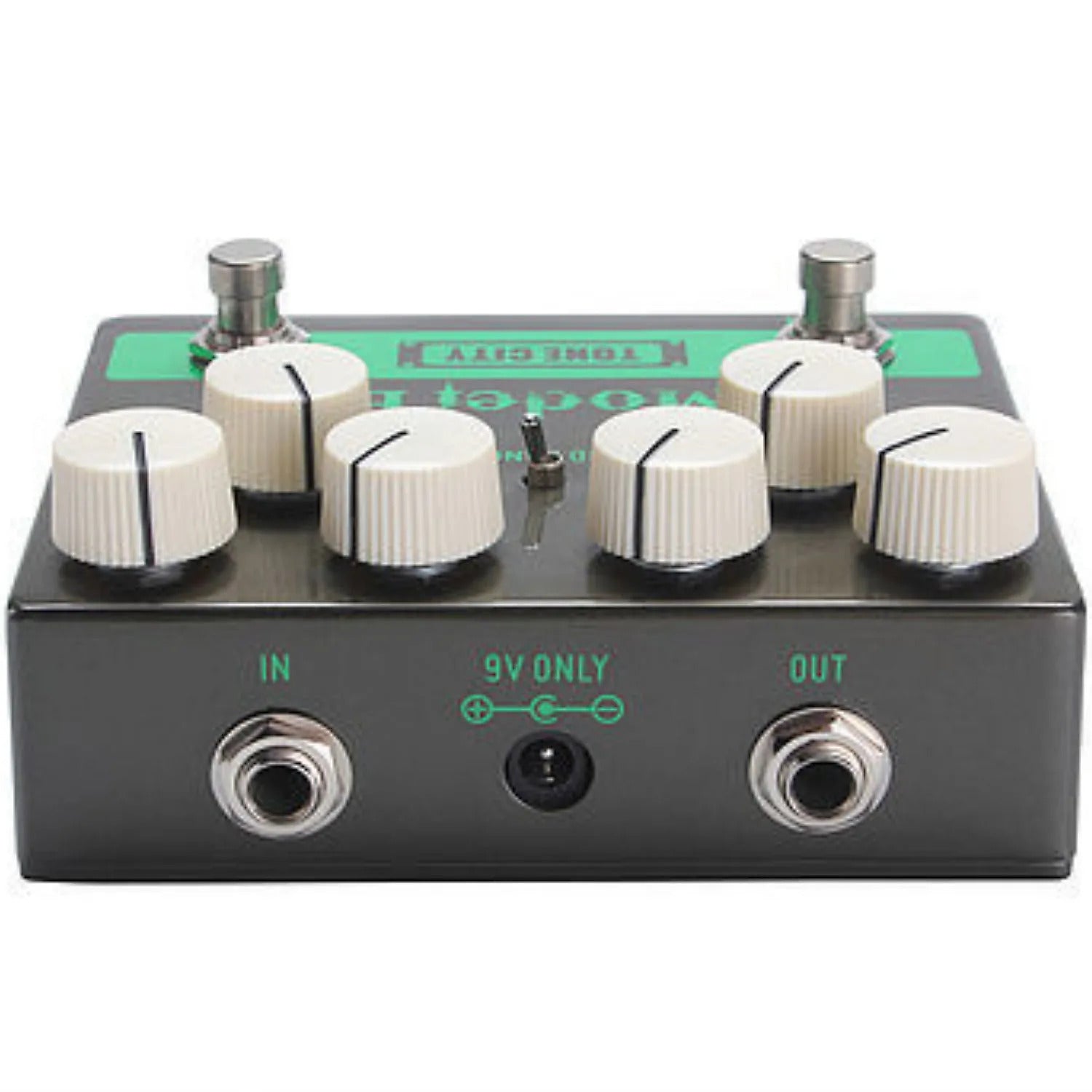 Tone City T35 Model E distortion pedal — angled view showing boost and start footswitches