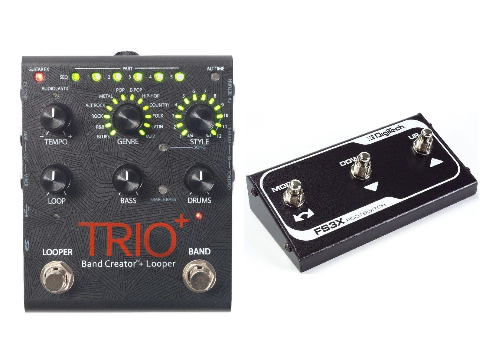 DigiTech Trio+ looper pedal — black with bundled FS3X footswitch
