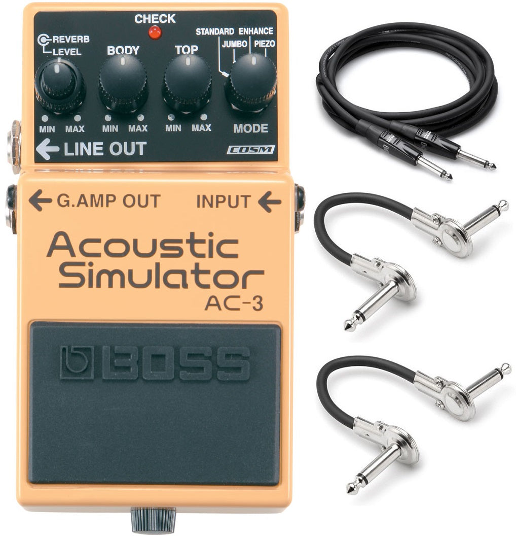 Boss AC-3 Acoustic Simulator pedal - orange body with patch and guitar cables