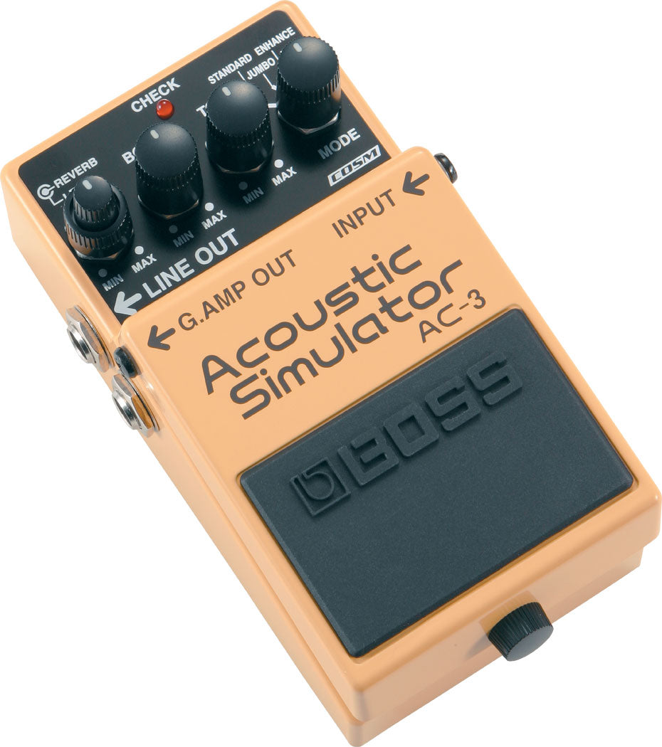Boss AC-3 Acoustic Simulator pedal - orange enclosure angled view