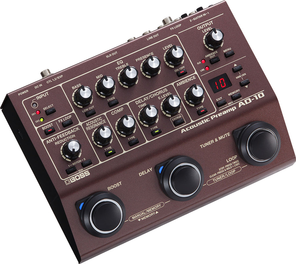 Boss AD-10 acoustic preamp pedal — angled view showing knobs and connectivity