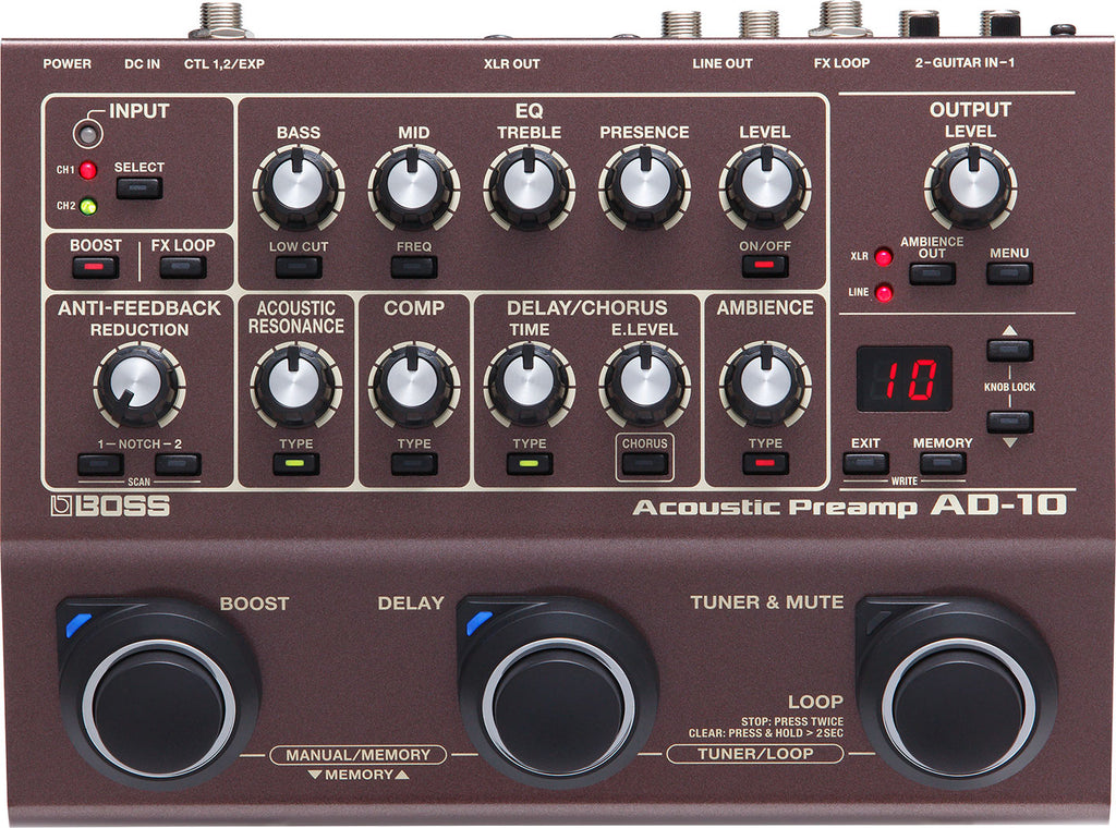 Boss AD-10 acoustic preamp pedal — brown enclosure, top view of controls and knobs