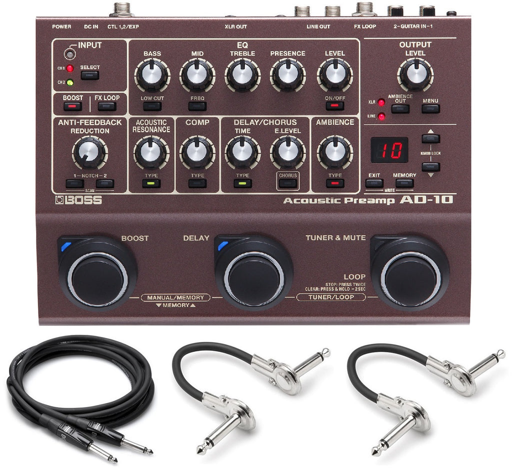 Boss AD-10 acoustic preamp pedal — brown top panel with included Hosa guitar and patch cables