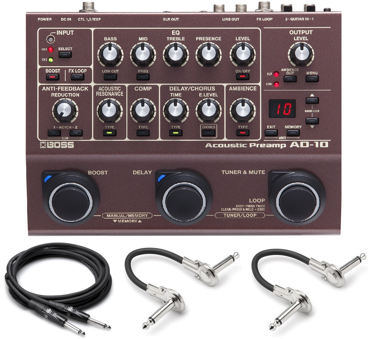 Boss AD-10 acoustic preamp pedal — brown top panel with included Hosa guitar and patch cables