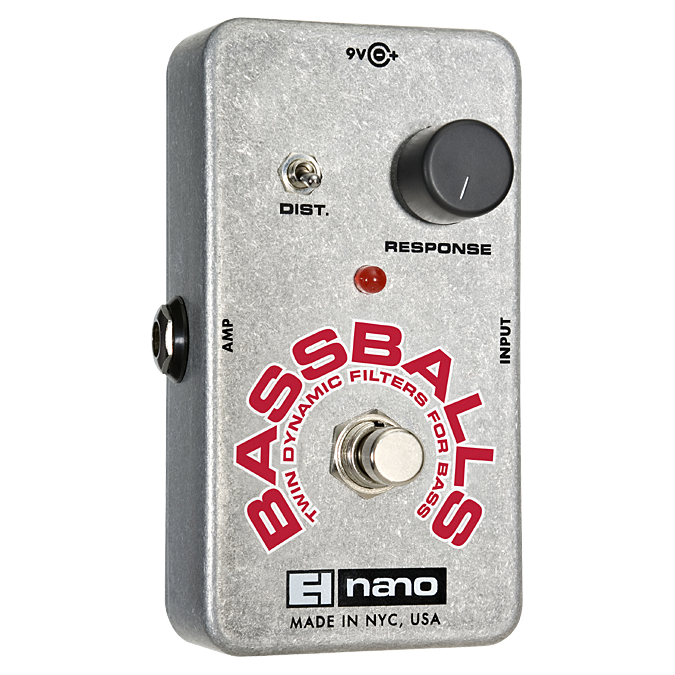 Electro-Harmonix Bassballs twin envelope filter pedal — silver enclosure, front view