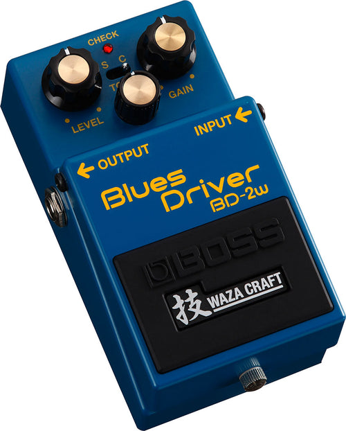 Boss BD-2W Waza Craft overdrive pedal — blue enclosure, angled view