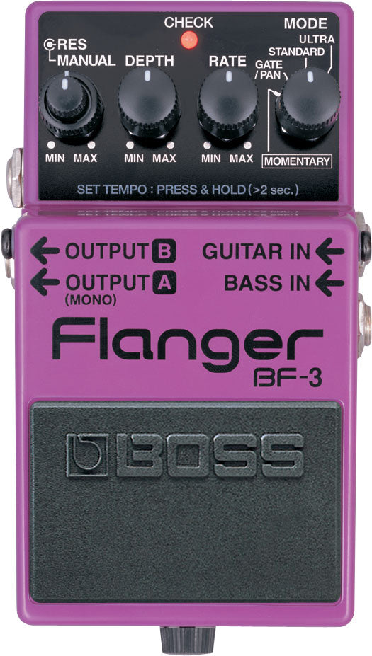 Boss BF-3 Flanger guitar pedal — purple enclosure top control panel