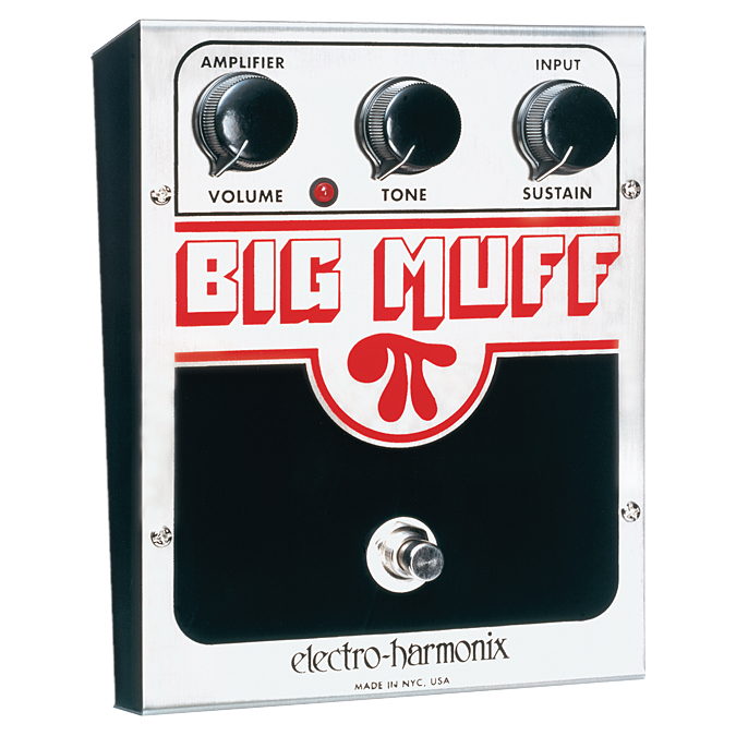 Electro-Harmonix Big Muff Pi fuzz pedal — white and black enclosure, top view