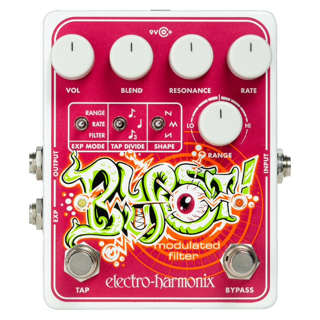 Electro-Harmonix Blurst modulated filter pedal — red enclosure with colorful graphics, top view
