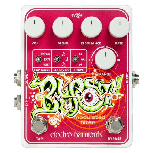 Electro-Harmonix Blurst modulated filter pedal — red enclosure with colorful graphics, top view