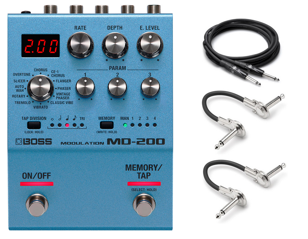 Boss MD-200 modulation pedal — front with included Hosa cables