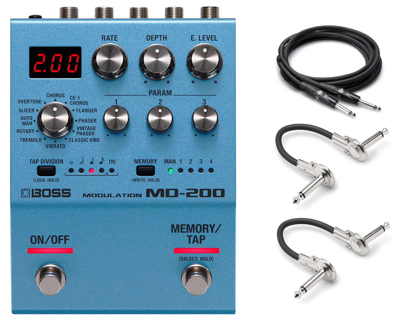 Boss MD-200 modulation pedal — front with included Hosa cables