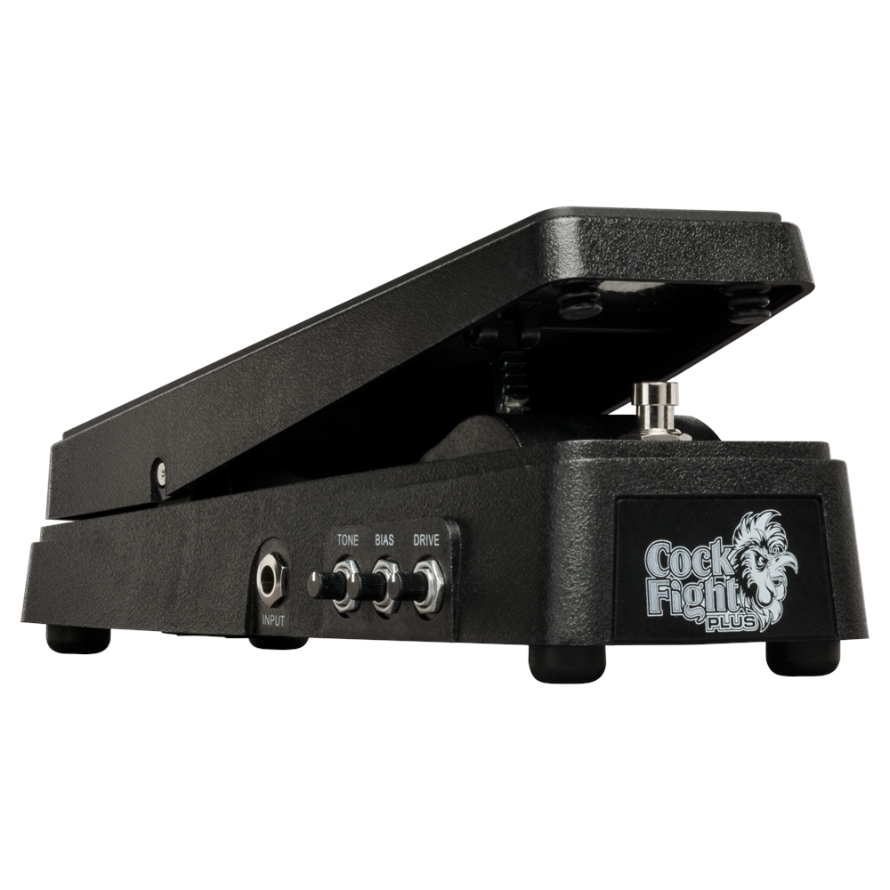 Electro-Harmonix Cock Fight Plus wah fuzz pedal, black treadle, angled view