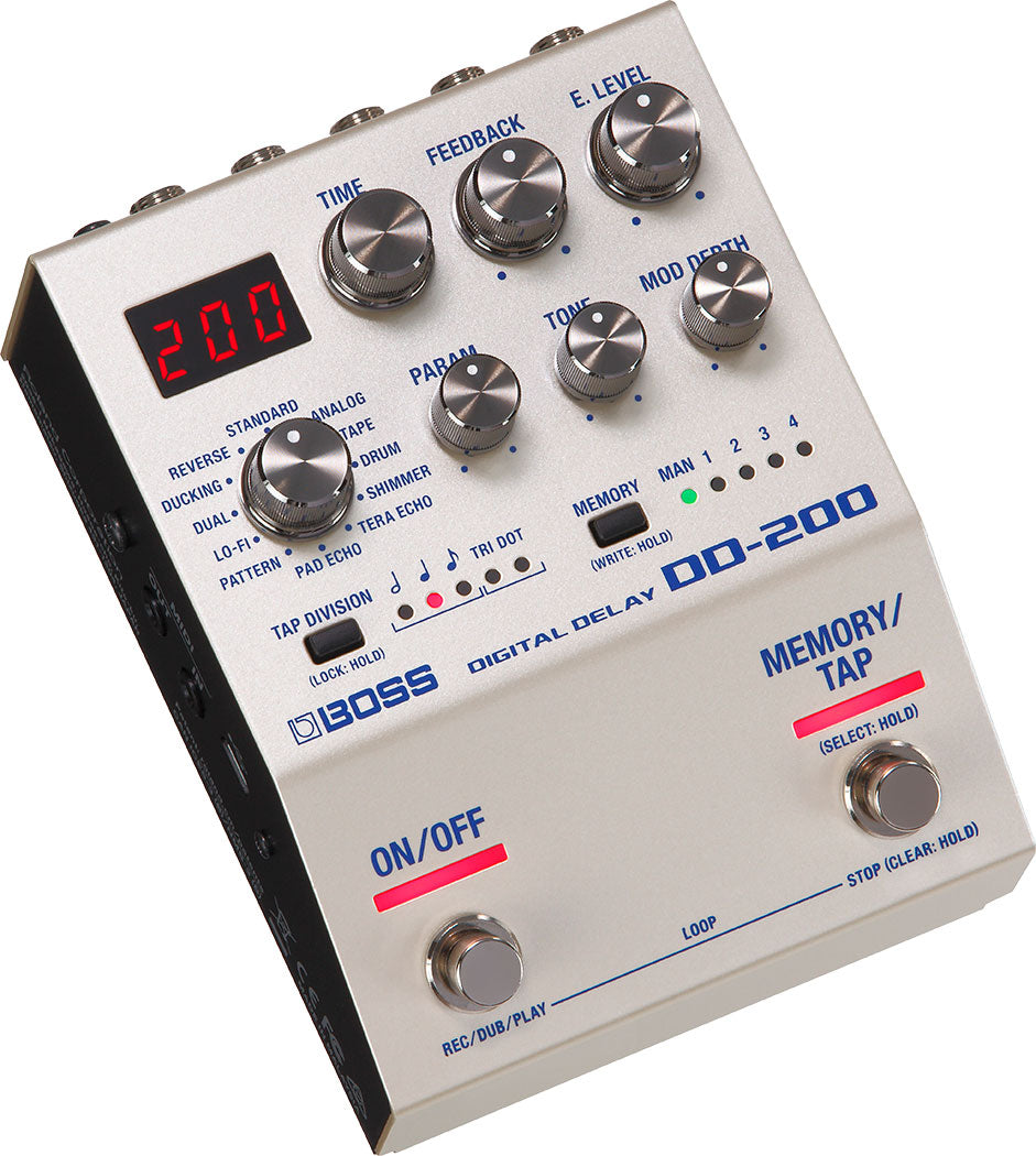 Boss DD-200 digital delay pedal — angled view showing display and knobs