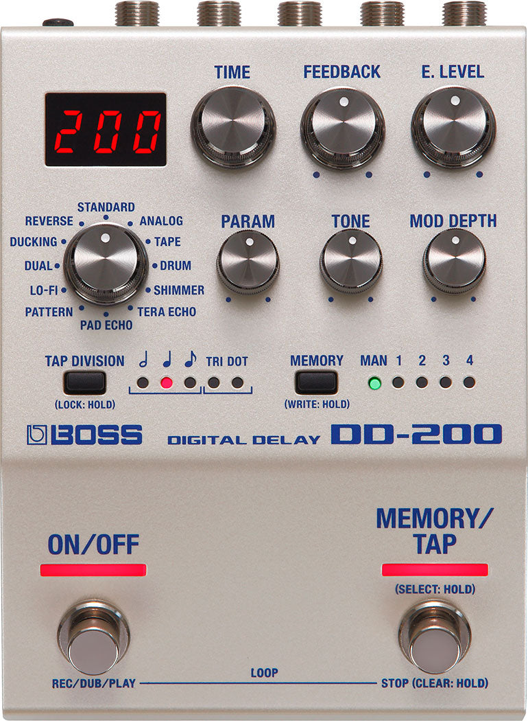 Boss DD-200 digital delay pedal — front panel view showing 12 delay modes