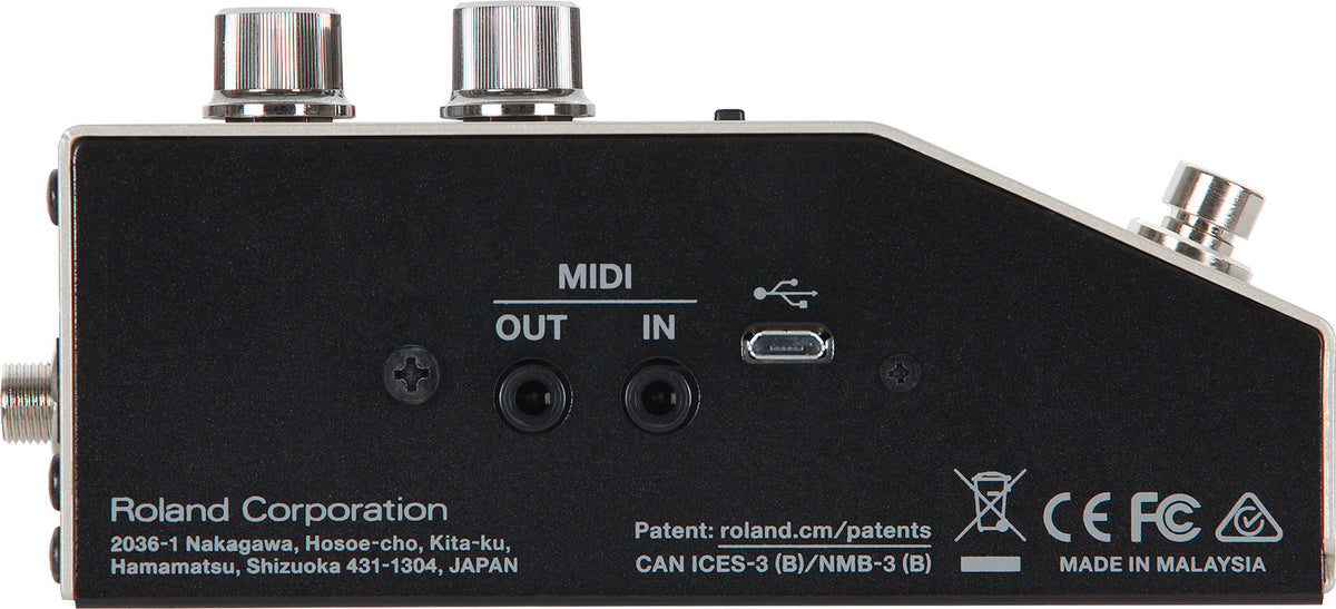 Boss DD-200 digital delay pedal — side profile view showing footswitches