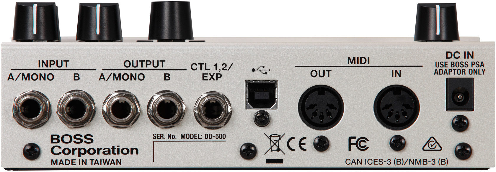 Boss DD-500 digital delay pedal — rear panel input and output jacks