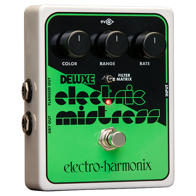 Electro-Harmonix Deluxe Electric Mistress XO flanger pedal — white enclosure, angled view