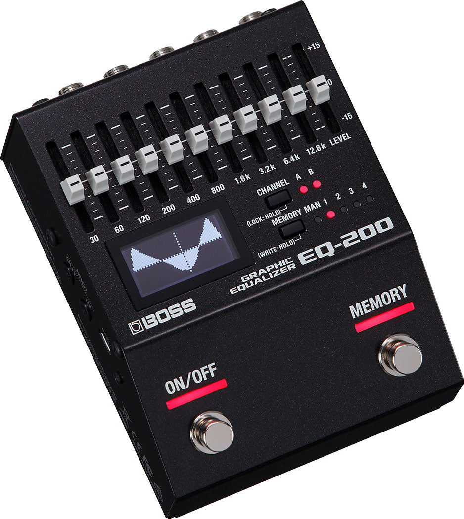 Boss EQ-200 graphic equalizer pedal — angled view showing display and controls