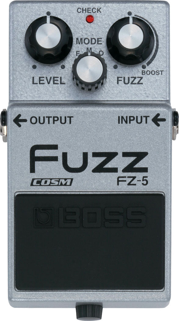 Boss FZ-5 Fuzz pedal — silver enclosure, top view with controls