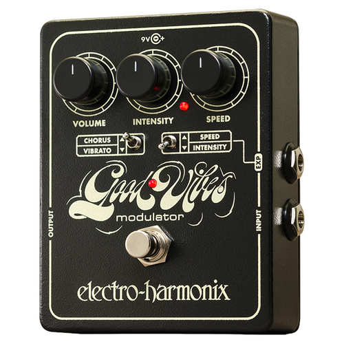Electro-Harmonix Good Vibes modulator pedal - black die-cast enclosure, front view