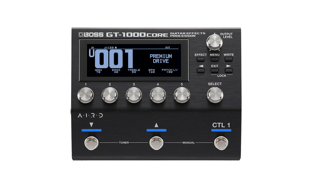 Boss GT-1000CORE multi-effects processor top panel with footswitches and display