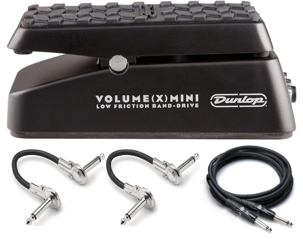 Dunlop DVP4 Volume X Mini pedal — side view with patch cables and guitar cable