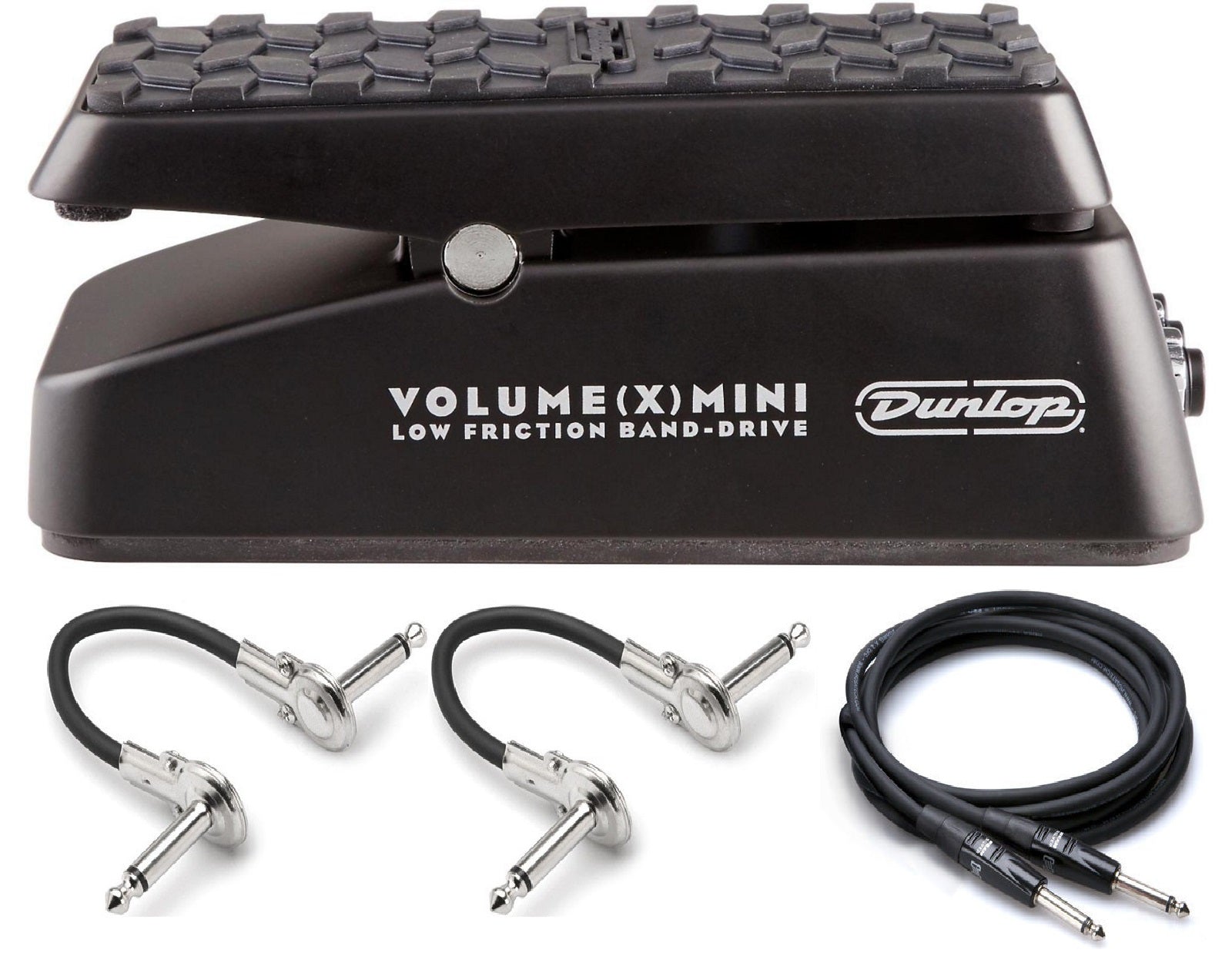 Dunlop DVP4 Volume X Mini pedal — side view with patch cables and guitar cable