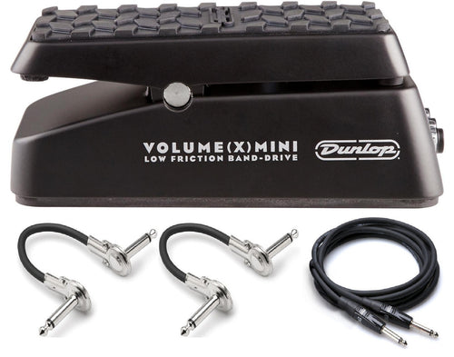 Dunlop DVP4 Volume X Mini pedal — side view with patch cables and guitar cable