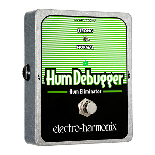 Electro-Harmonix Hum Debugger hum eliminator pedal — silver chassis with green panel