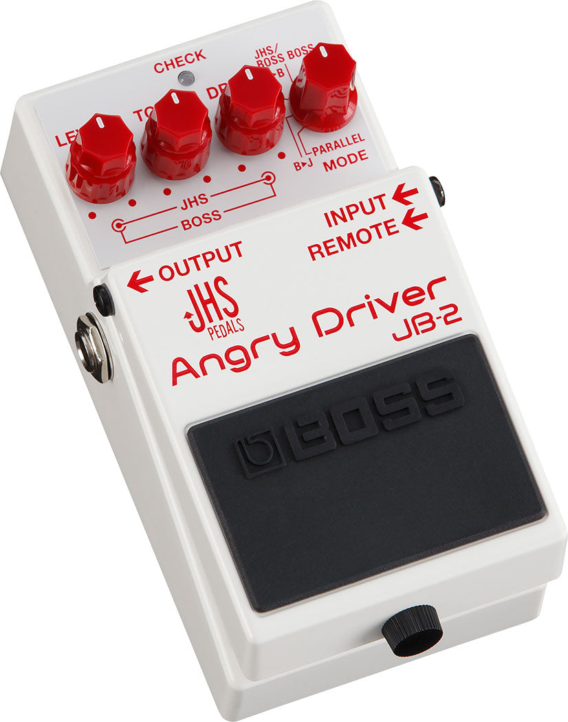 Boss JB-2 Angry Driver overdrive pedal — angled view showing input and output jacks