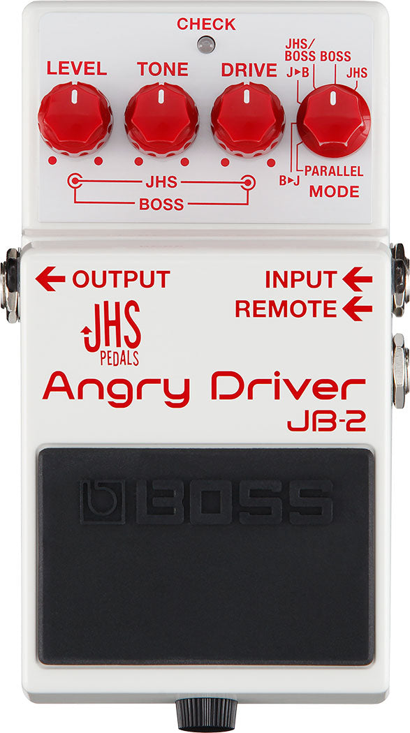Boss JB-2 Angry Driver overdrive pedal — top view of controls and mode selector
