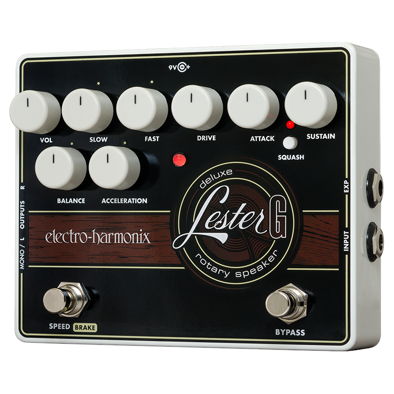 Electro-Harmonix Lester G Deluxe rotary speaker pedal — black enclosure with wood-grain panel