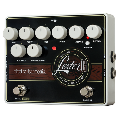 Electro-Harmonix Lester G Deluxe rotary speaker pedal — black enclosure with wood-grain panel