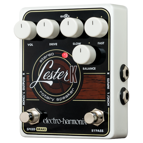 Electro-Harmonix Lester K stereo rotary speaker pedal — white enclosure, angled view