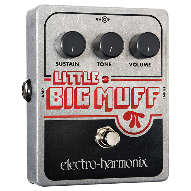 Electro-Harmonix Little Big Muff Pi fuzz pedal in silver with sustain, tone and volume knobs