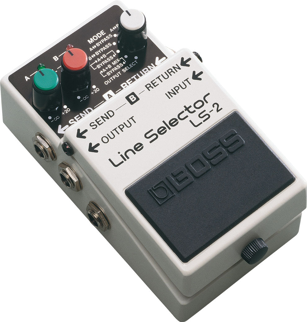 Boss LS-2 Line Selector guitar pedal — silver, angled view