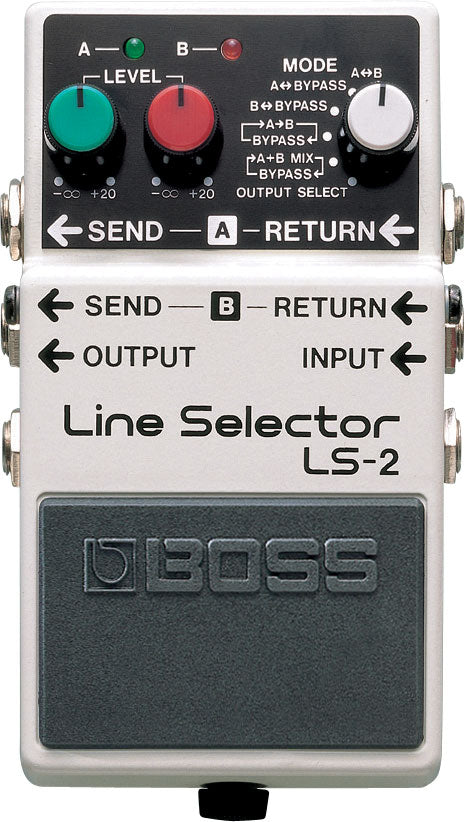 Boss LS-2 Line Selector guitar pedal — silver, top control panel