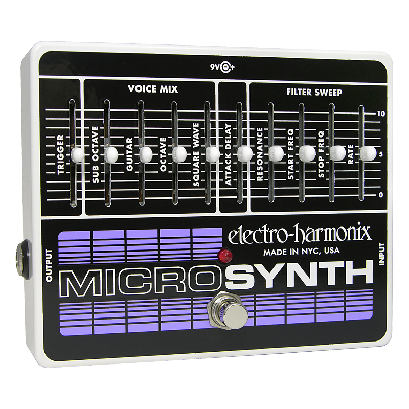 Electro-Harmonix Micro Synth analog synthesizer pedal — silver chassis with white slider panel