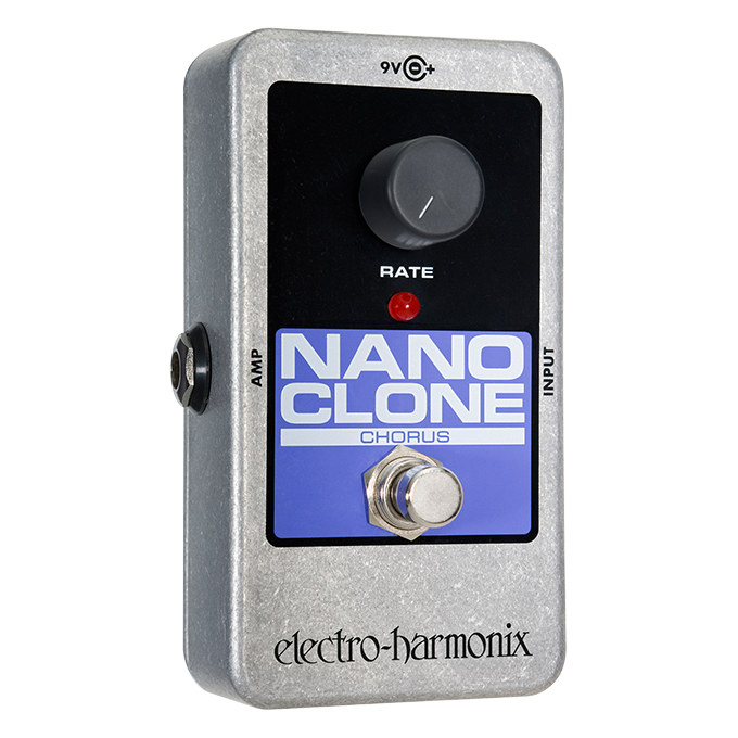 Electro-Harmonix Nano Clone chorus pedal, silver chassis with blue label, angled view