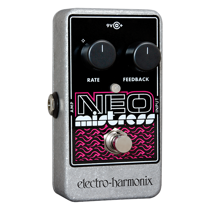 Electro-Harmonix Neo Mistress flanger pedal — silver enclosure angled view