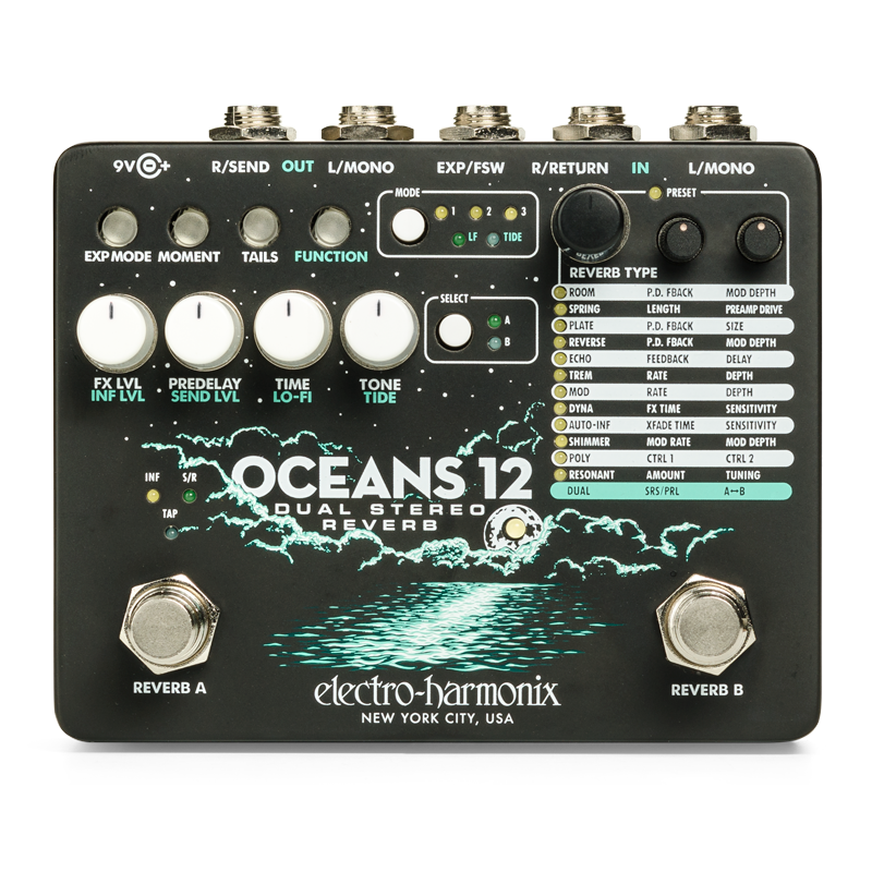 Electro-Harmonix Oceans 12 reverb pedal - black enclosure, top view